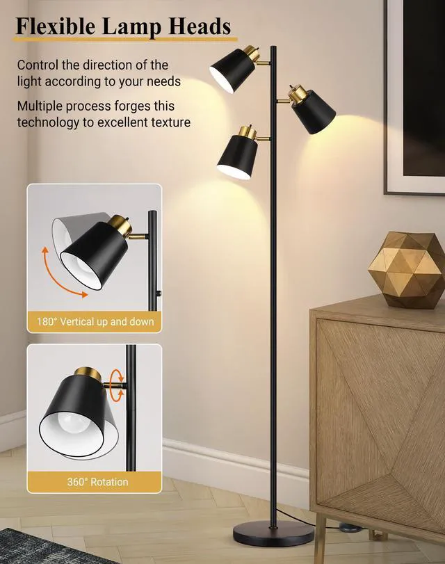 Alt view image 2 of 7 - Tree Floor Lamps for Living Room, 67" Modern Standing Floor Lamp with 3 LED Bulb, Industrial Tall Lamp Reading Lighting for Bedroom Study Office Decor, 3 Rotatable Light Heads, Black Gold
