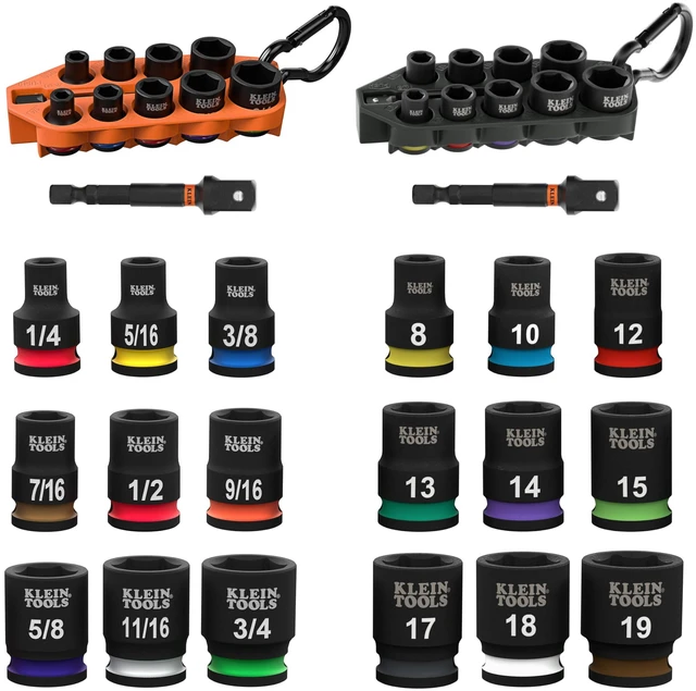 Main image of 80207 Grab-And-Go Impact Socket Sets, SAE and Metric, 20-Piece Set with Sleeves, Carabiners, 3/8-Inch Drive, Color-Coded, 1/4-Inch to 3/4-Inch, 8 mm to 19 mm Sockets