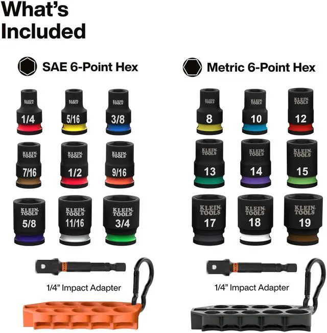 Alt view image 2 of 7 - 80207 Grab-And-Go Impact Socket Sets, SAE and Metric, 20-Piece Set with Sleeves, Carabiners, 3/8-Inch Drive, Color-Coded, 1/4-Inch to 3/4-Inch, 8 mm to 19 mm Sockets