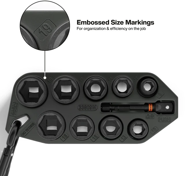 Alt view image 6 of 7 - 80207 Grab-And-Go Impact Socket Sets, SAE and Metric, 20-Piece Set with Sleeves, Carabiners, 3/8-Inch Drive, Color-Coded, 1/4-Inch to 3/4-Inch, 8 mm to 19 mm Sockets