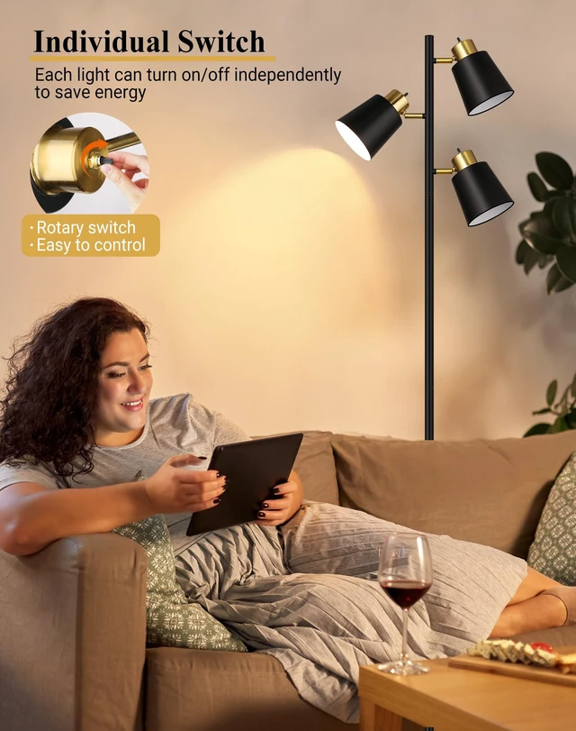 Alt view image 3 of 7 - Tree Floor Lamps for Living Room, 67" Modern Standing Floor Lamp with 3 LED Bulb, Industrial Tall Lamp Reading Lighting for Bedroom Study Office Decor, 3 Rotatable Light Heads, Black Gold