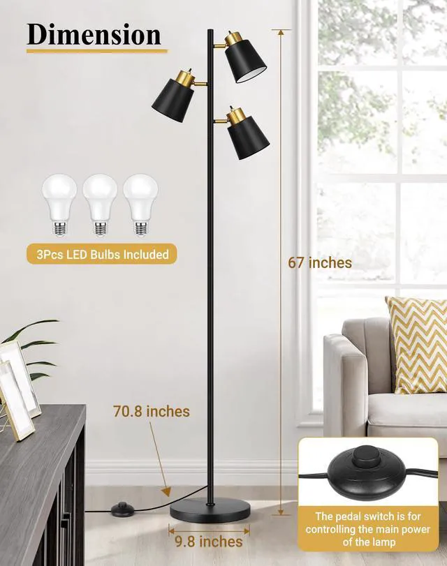 Alt view image 4 of 7 - Tree Floor Lamps for Living Room, 67" Modern Standing Floor Lamp with 3 LED Bulb, Industrial Tall Lamp Reading Lighting for Bedroom Study Office Decor, 3 Rotatable Light Heads, Black Gold