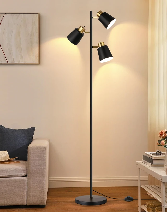 Alt view image 6 of 7 - Tree Floor Lamps for Living Room, 67" Modern Standing Floor Lamp with 3 LED Bulb, Industrial Tall Lamp Reading Lighting for Bedroom Study Office Decor, 3 Rotatable Light Heads, Black Gold