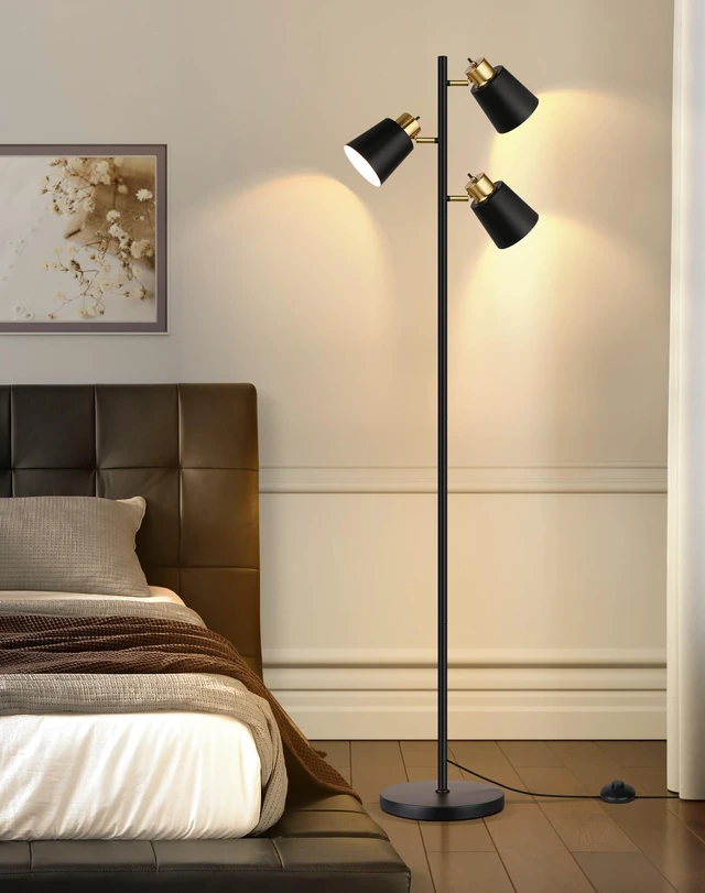 Alt view image 7 of 7 - Tree Floor Lamps for Living Room, 67" Modern Standing Floor Lamp with 3 LED Bulb, Industrial Tall Lamp Reading Lighting for Bedroom Study Office Decor, 3 Rotatable Light Heads, Black Gold