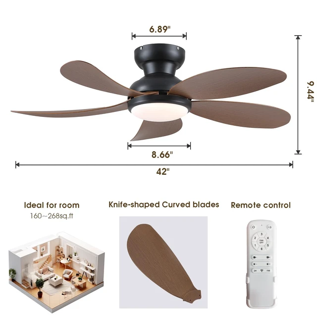 Alt view image 2 of 7 - 42" Brown Modern Low Profile Ceiling Fans with Lights and Remote Super Large Airflow with 6 Wind Speeds, Reversible, Dimmable 3 CCT LED, 30W Noiseless DC Motor,Timer, for Bedroom Kitchen