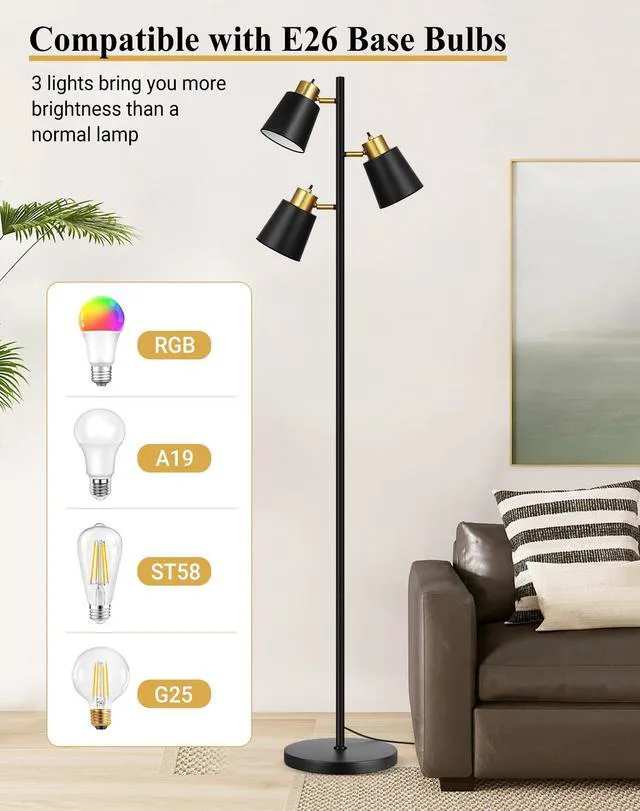 Alt view image 5 of 7 - Tree Floor Lamps for Living Room, 67" Modern Standing Floor Lamp with 3 LED Bulb, Industrial Tall Lamp Reading Lighting for Bedroom Study Office Decor, 3 Rotatable Light Heads, Black Gold