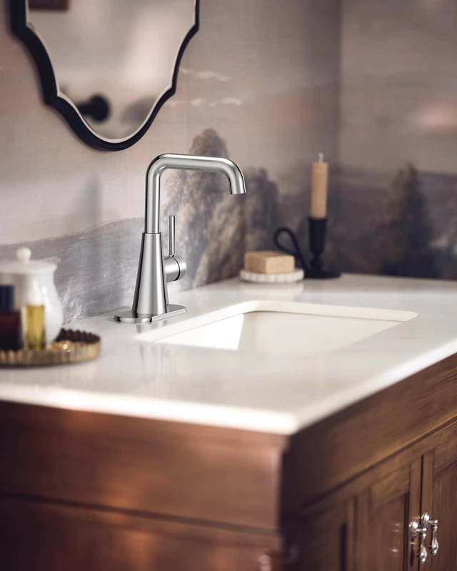 Alt view image 2 of 7 - Ronan Chrome Double Bend Single Hole Modern Bathroom Sink Faucet with Optional Deckplate and Spring Loaded Drain Assembly, 84024