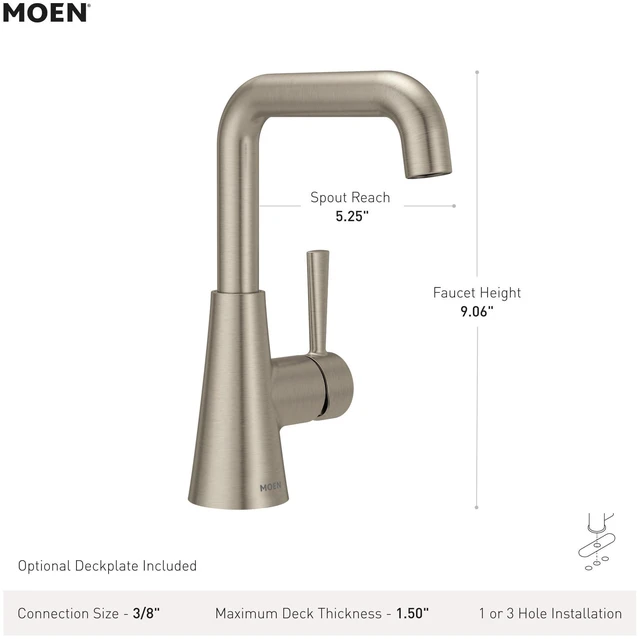 Alt view image 3 of 7 - Ronan Spot Resist Brushed Nickel Double Bend Single Hole Modern Bathroom Sink Faucet with Optional Deckplate and Spring Loaded Drain Assembly, 84024SRN