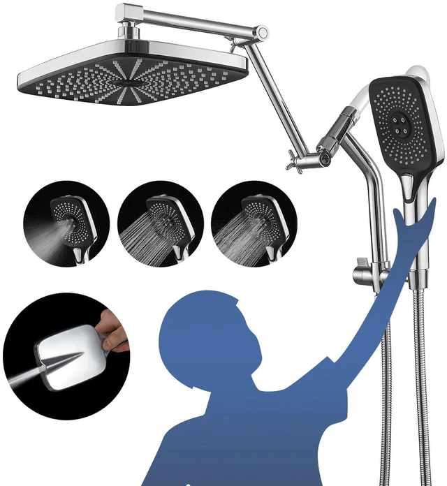 Main image of 12" High Pressure Rain/Rainfall Shower Heads With Handheld Spray Combo (3+1 Settings & Built-in Power Wash Mode), Double/Dual Shower Head With Handheld - Height/Angle Adjustable(Polished Chrome)