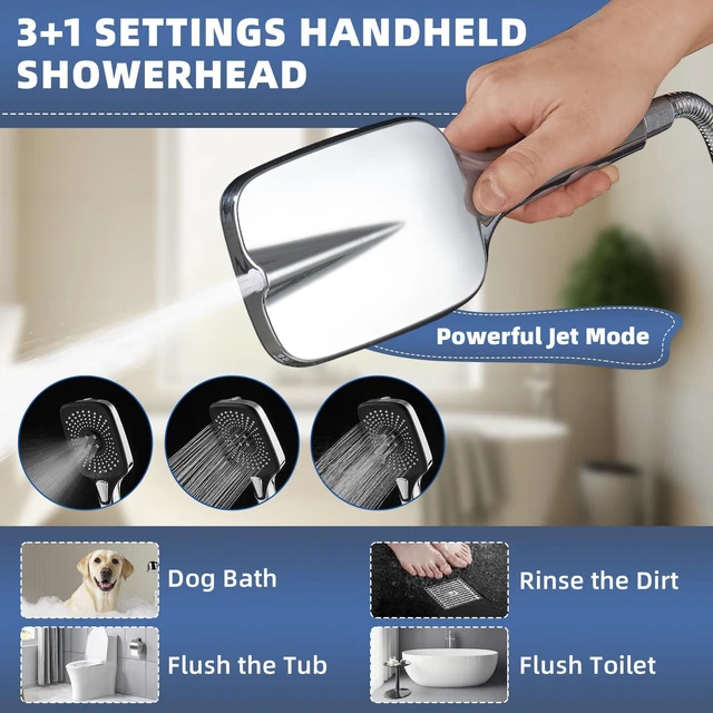 Alt view image 3 of 7 - 12" High Pressure Rain/Rainfall Shower Heads With Handheld Spray Combo (3+1 Settings & Built-in Power Wash Mode), Double/Dual Shower Head With Handheld - Height/Angle Adjustable(Polished Chrome)