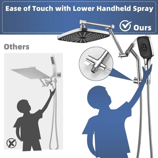 Alt view image 2 of 7 - 12" High Pressure Rain/Rainfall Shower Heads With Handheld Spray Combo (3+1 Settings & Built-in Power Wash Mode), Double/Dual Shower Head With Handheld - Height/Angle Adjustable(Polished Chrome)