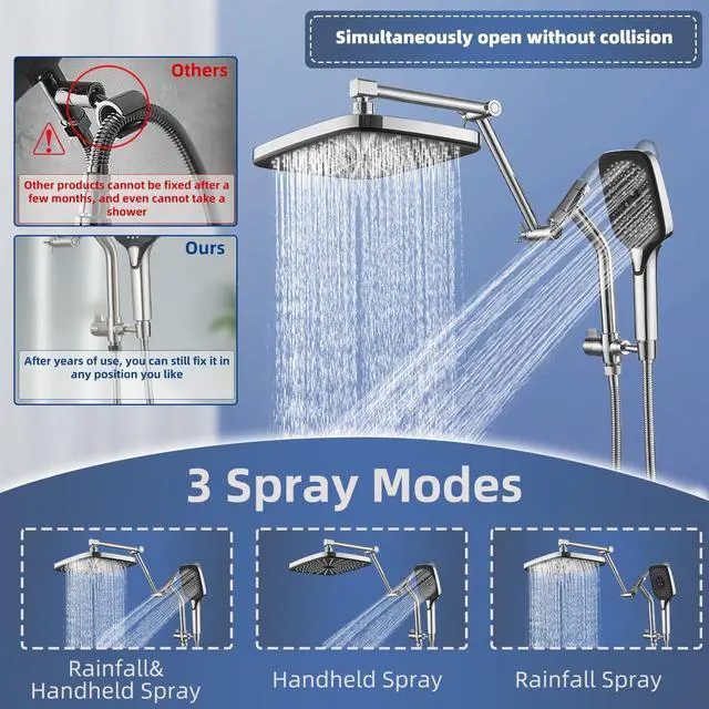 Alt view image 7 of 7 - 12" High Pressure Rain/Rainfall Shower Heads With Handheld Spray Combo (3+1 Settings & Built-in Power Wash Mode), Double/Dual Shower Head With Handheld - Height/Angle Adjustable(Polished Chrome)