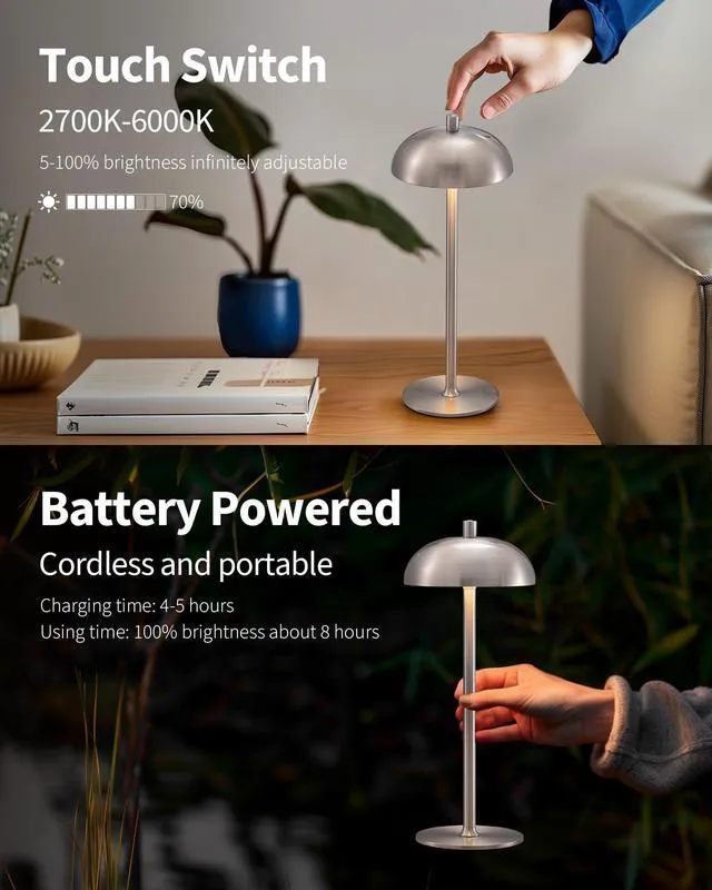 Alt view image 4 of 7 - 12" Cordless Table Lamps Set of 2, Nickel Modern Portable Desk Lamp LED, 3 Color Dimming, Rechargeable, Battery Operated Lights for Bedroom, Outdoor, Restaurant, Bedside, Night Light, Gifts