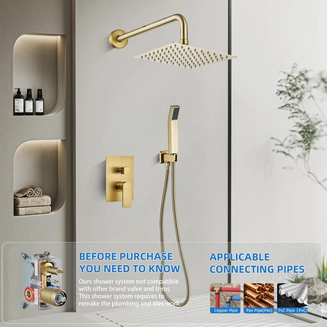 Alt view image 2 of 7 - Shower Faucet Set With 8" Shower Head And Handheld Gold Wall Mounted Shower System Valve Include 2 Function