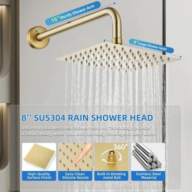 Alt view image 3 of 7 - Shower Faucet Set With 8" Shower Head And Handheld Gold Wall Mounted Shower System Valve Include 2 Function
