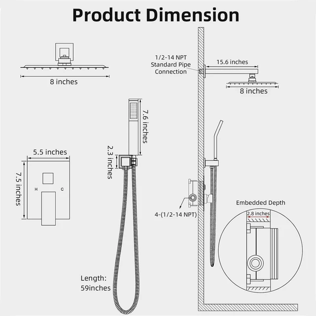 Alt view image 6 of 7 - Shower Faucet Set With 8" Shower Head And Handheld Gold Wall Mounted Shower System Valve Include 2 Function