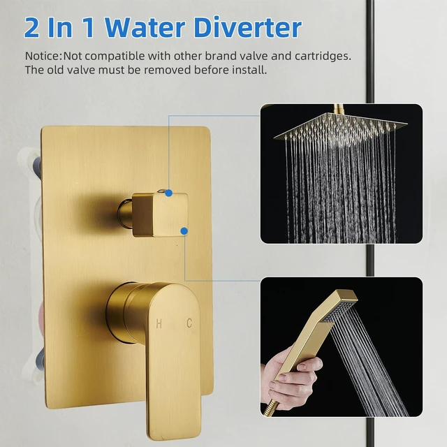 Alt view image 5 of 7 - Shower Faucet Set With 8" Shower Head And Handheld Gold Wall Mounted Shower System Valve Include 2 Function