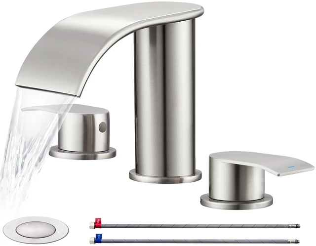Main image of Bathroom Faucet Brushed Nickel, 8 inch Waterfall Faucet Waterfall Bathroom Faucet with Metal Pop-up Sink Drain and 2 Supply Hoses,2 Handle Widespread Faucets for Vanity Sink 3 Holes