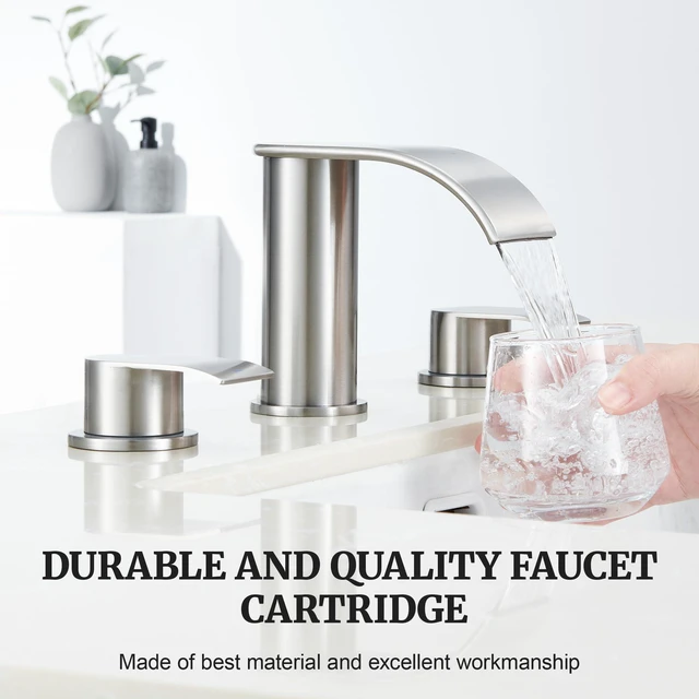 Alt view image 2 of 7 - Bathroom Faucet Brushed Nickel, 8 inch Waterfall Faucet Waterfall Bathroom Faucet with Metal Pop-up Sink Drain and 2 Supply Hoses,2 Handle Widespread Faucets for Vanity Sink 3 Holes