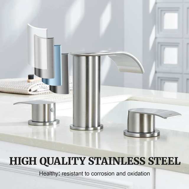Alt view image 4 of 7 - Bathroom Faucet Brushed Nickel, 8 inch Waterfall Faucet Waterfall Bathroom Faucet with Metal Pop-up Sink Drain and 2 Supply Hoses,2 Handle Widespread Faucets for Vanity Sink 3 Holes