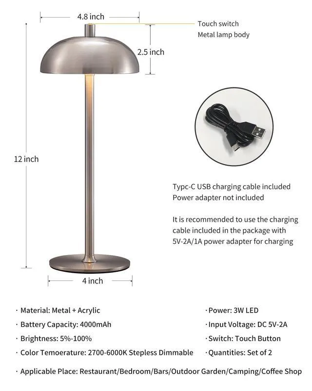 Alt view image 5 of 7 - 12" Cordless Table Lamps Set of 2, Nickel Modern Portable Desk Lamp LED, 3 Color Dimming, Rechargeable, Battery Operated Lights for Bedroom, Outdoor, Restaurant, Bedside, Night Light, Gifts