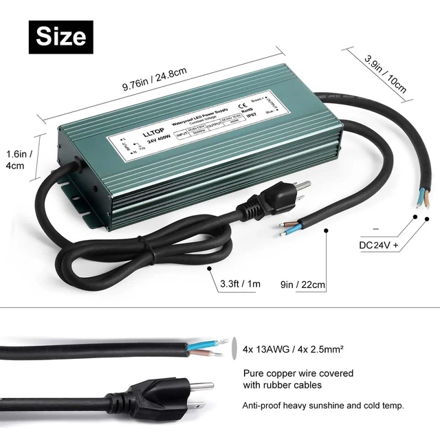 Alt view image 3 of 7 - 24V DC LED Driver Waterproof IP67 Power Supply 400W 16.6A AC100-264V Input, Ultra Thin, Aluminum Case, LED Low Voltage Transformer, For Indoor Outdoor LED Lights