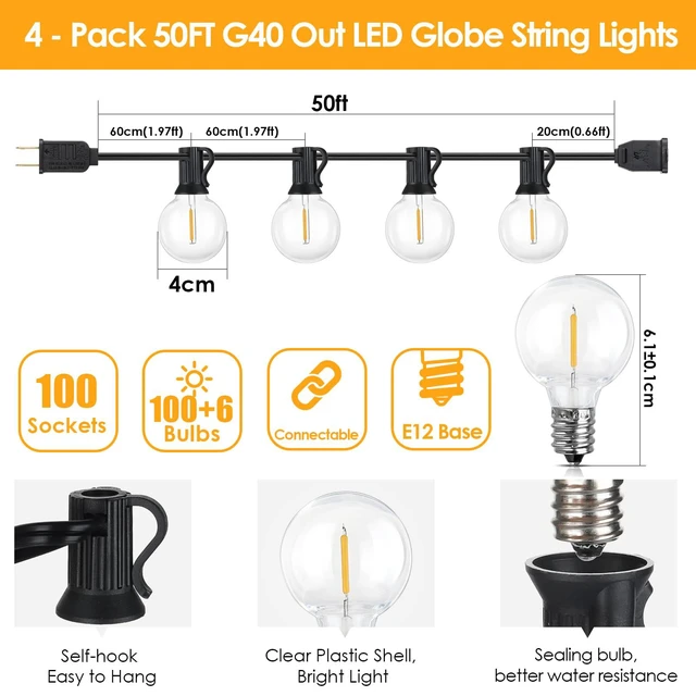 Alt view image 2 of 6 - 200Ft(4x50Ft) Outdoor String Lights, G40 Globe Patio Lights Connectable with 100+6 Waterproof LED Bulbs for Backyard Garden Porch-Black Wire
