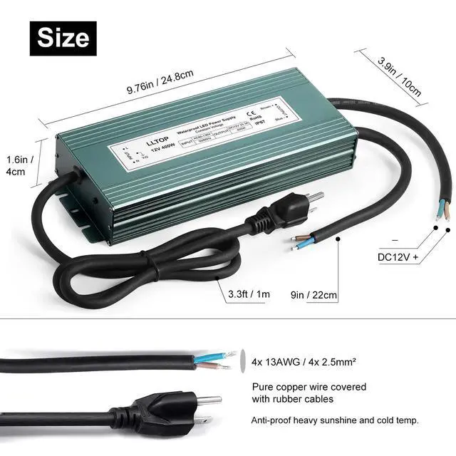 Alt view image 3 of 7 - 12V DC LED Driver Waterproof IP67 Power Supply 400W 33.3A AC100-264V Input, Ultra Thin, Aluminum Case, LED Low Voltage Transformer, For Indoor Outdoor LED Lights