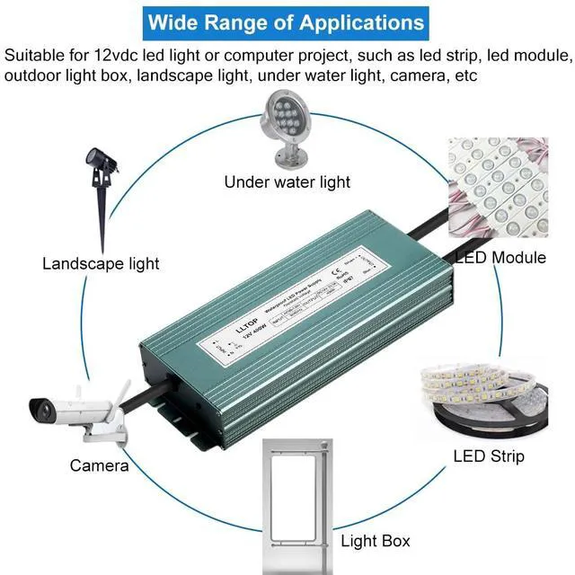 Alt view image 6 of 7 - 12V DC LED Driver Waterproof IP67 Power Supply 400W 33.3A AC100-264V Input, Ultra Thin, Aluminum Case, LED Low Voltage Transformer, For Indoor Outdoor LED Lights