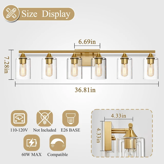 Alt view image 3 of 7 - 6-Light Gold Vanity Light,Bathroom Light Fixtures,Modern Brushed Brass Gold Wall Sconce Lighting,Bathroom Wall Lamp for Mirror Bedroom Living Room Vanity Table Hallway