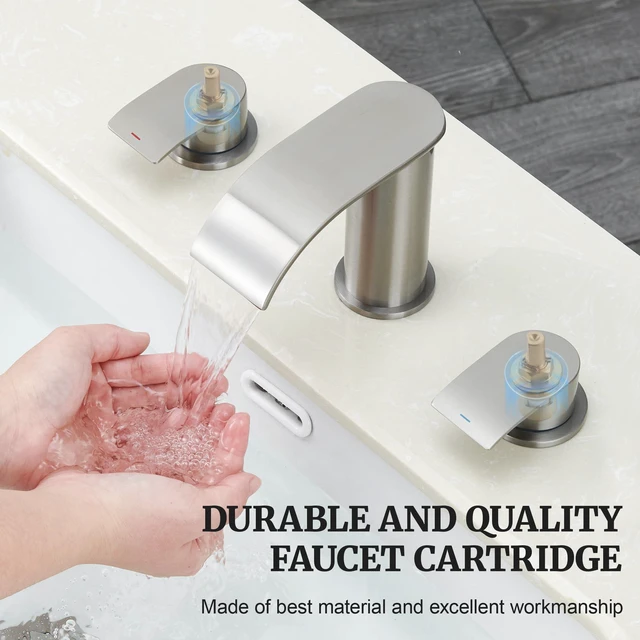Alt view image 5 of 7 - Bathroom Faucet Brushed Nickel, 8 inch Waterfall Faucet Waterfall Bathroom Faucet with Metal Pop-up Sink Drain and 2 Supply Hoses,2 Handle Widespread Faucets for Vanity Sink 3 Holes