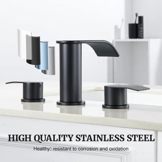 Alt view image 4 of 7 - Black Bathroom Sink Faucet 3 Hole - 8 Inch Vanity Faucets Lavatory Utility Faucets Centerset - 2 Handle Restroom Modern Matte Black Bathroom Faucet Widespread with Pop Up Drain
