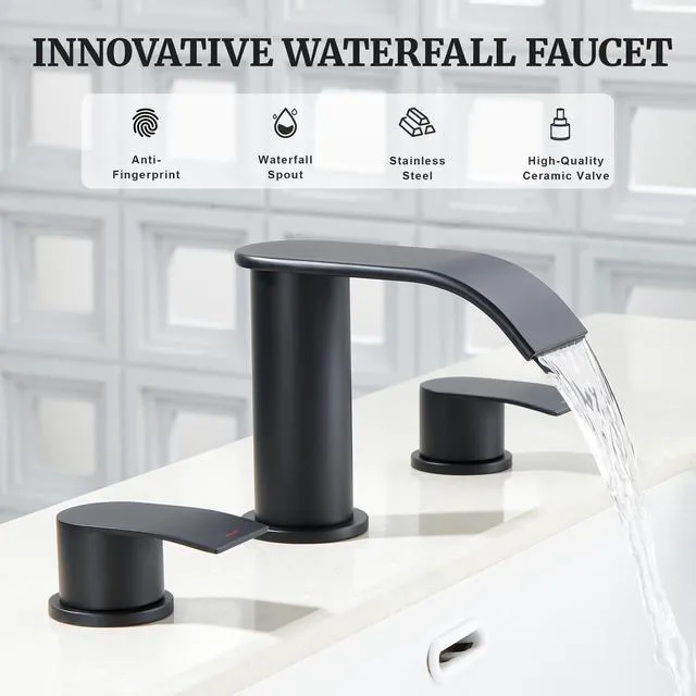 Alt view image 2 of 7 - Black Bathroom Sink Faucet 3 Hole - 8 Inch Vanity Faucets Lavatory Utility Faucets Centerset - 2 Handle Restroom Modern Matte Black Bathroom Faucet Widespread with Pop Up Drain