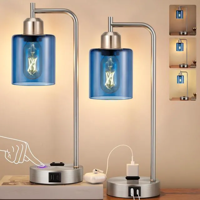 Alt view image 2 of 7 - Industrial Blue Table Lamps for Bedrooms Set of 2-3-Way Dimmable Desk Lamp with USB C+A Ports and Outlet, Nickel Lamps with Green Glass Shade for Living Room