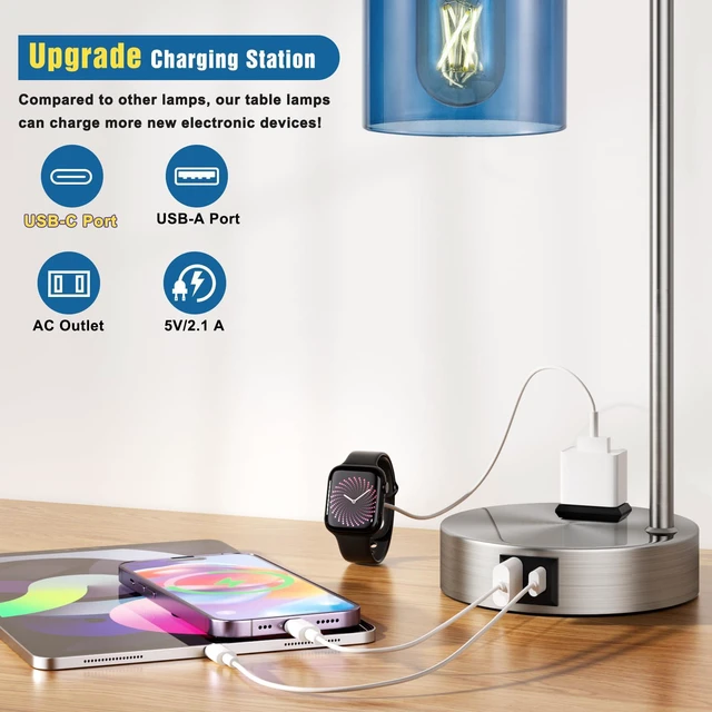 Alt view image 3 of 7 - Industrial Blue Table Lamps for Bedrooms Set of 2-3-Way Dimmable Desk Lamp with USB C+A Ports and Outlet, Nickel Lamps with Green Glass Shade for Living Room
