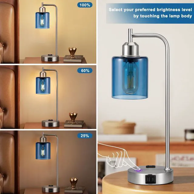 Alt view image 4 of 7 - Industrial Blue Table Lamps for Bedrooms Set of 2-3-Way Dimmable Desk Lamp with USB C+A Ports and Outlet, Nickel Lamps with Green Glass Shade for Living Room