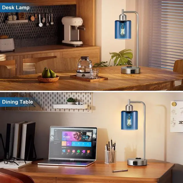 Alt view image 6 of 7 - Industrial Blue Table Lamps for Bedrooms Set of 2-3-Way Dimmable Desk Lamp with USB C+A Ports and Outlet, Nickel Lamps with Green Glass Shade for Living Room