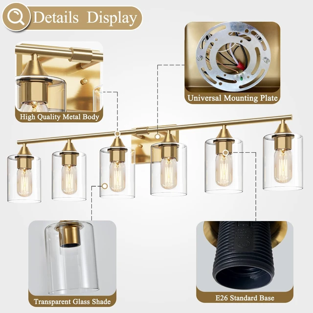 Alt view image 4 of 7 - 6-Light Gold Vanity Light,Bathroom Light Fixtures,Modern Brushed Brass Gold Wall Sconce Lighting,Bathroom Wall Lamp for Mirror Bedroom Living Room Vanity Table Hallway
