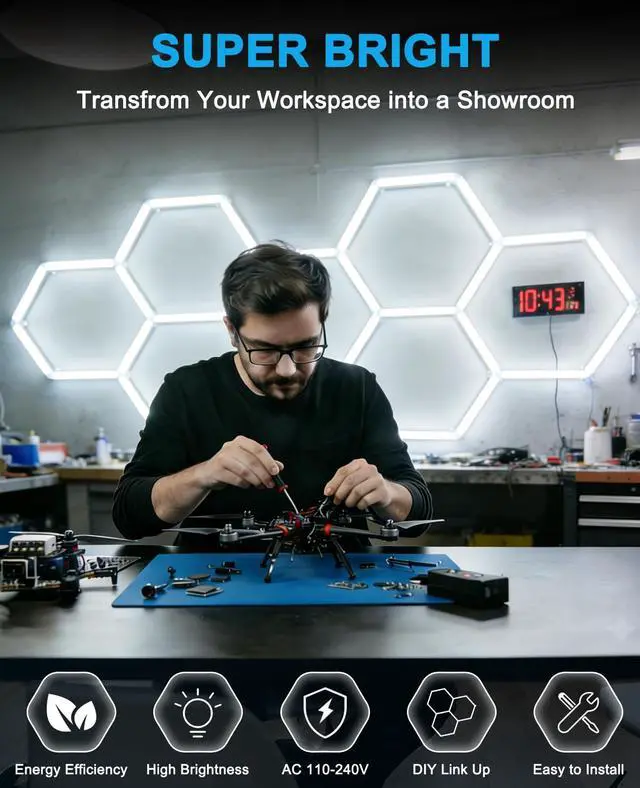 Alt view image 3 of 7 - Hexagon Garage Lights: Hexagon led Gym Lights 26520LM DIY LED Shop Light Car Detailing Ceiling Light for Basement Warehouse Workshop Barbershop Car Care Wash Room Auto Beauty 6500K