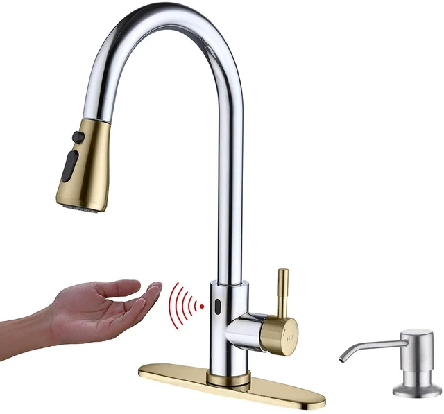 Main image of Touchless Kitchen Faucet with Pull Down Sprayer, Motion Sensor Kitchen Faucet with Soap Dispenser, Single Handle High Arc Pull Out Faucet for Kitchen Sink RV Kitchen, Gold and Polished Chrome