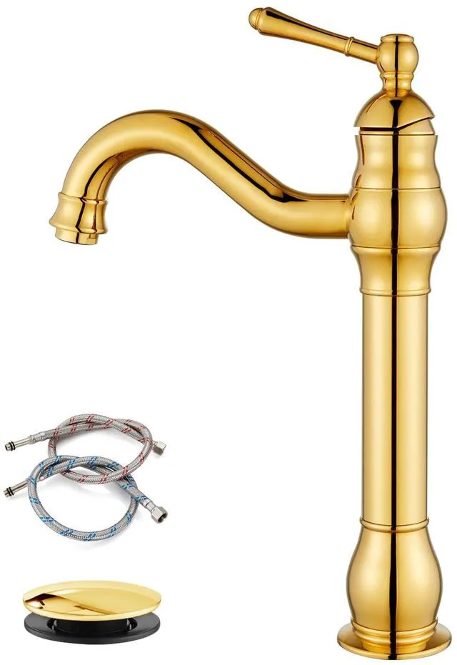 Main image of Vintage Bathroom Vessel Sink Faucet, Polish Gold, with Drain Tall Bathroom Faucet 1 Hole Single Handle, 360° Swivel Spout, cUPC Water Lines, Lead-Free, for Farmhouse Vanity Washbasin RV