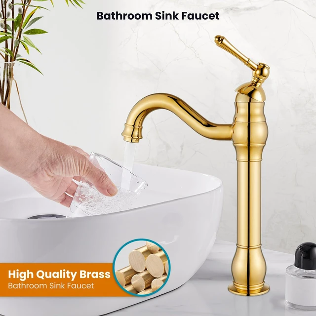 Alt view image 2 of 7 - Vintage Bathroom Vessel Sink Faucet, Polish Gold, with Drain Tall Bathroom Faucet 1 Hole Single Handle, 360° Swivel Spout, cUPC Water Lines, Lead-Free, for Farmhouse Vanity Washbasin RV