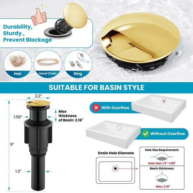 Alt view image 4 of 7 - Vintage Bathroom Vessel Sink Faucet, Polish Gold, with Drain Tall Bathroom Faucet 1 Hole Single Handle, 360° Swivel Spout, cUPC Water Lines, Lead-Free, for Farmhouse Vanity Washbasin RV