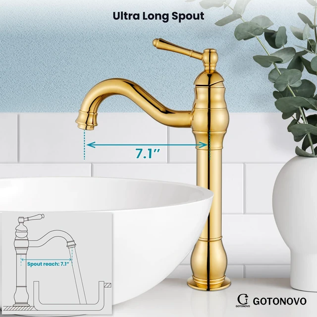 Alt view image 5 of 7 - Vintage Bathroom Vessel Sink Faucet, Polish Gold, with Drain Tall Bathroom Faucet 1 Hole Single Handle, 360° Swivel Spout, cUPC Water Lines, Lead-Free, for Farmhouse Vanity Washbasin RV