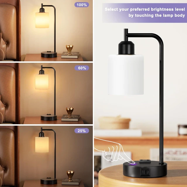 Alt view image 2 of 7 - Industrial Touch Bedside Lamps for Bedrooms Set of 2 - 3-Way Dimmable Nightstand Lamps with USB C+A Ports and Outlet, Table Lamps with Opal Glass Shade for Living Room, Desk Lamps for Home Office