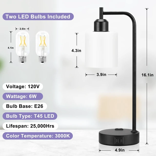 Alt view image 4 of 7 - Industrial Touch Bedside Lamps for Bedrooms Set of 2 - 3-Way Dimmable Nightstand Lamps with USB C+A Ports and Outlet, Table Lamps with Opal Glass Shade for Living Room, Desk Lamps for Home Office
