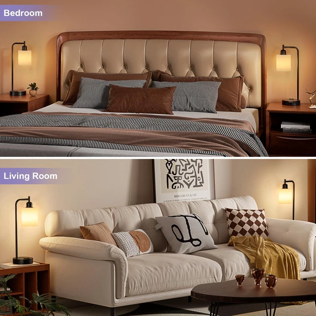 Alt view image 5 of 7 - Industrial Touch Bedside Lamps for Bedrooms Set of 2 - 3-Way Dimmable Nightstand Lamps with USB C+A Ports and Outlet, Table Lamps with Opal Glass Shade for Living Room, Desk Lamps for Home Office