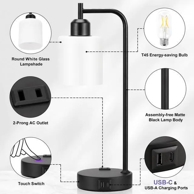 Alt view image 7 of 7 - Industrial Touch Bedside Lamps for Bedrooms Set of 2 - 3-Way Dimmable Nightstand Lamps with USB C+A Ports and Outlet, Table Lamps with Opal Glass Shade for Living Room, Desk Lamps for Home Office