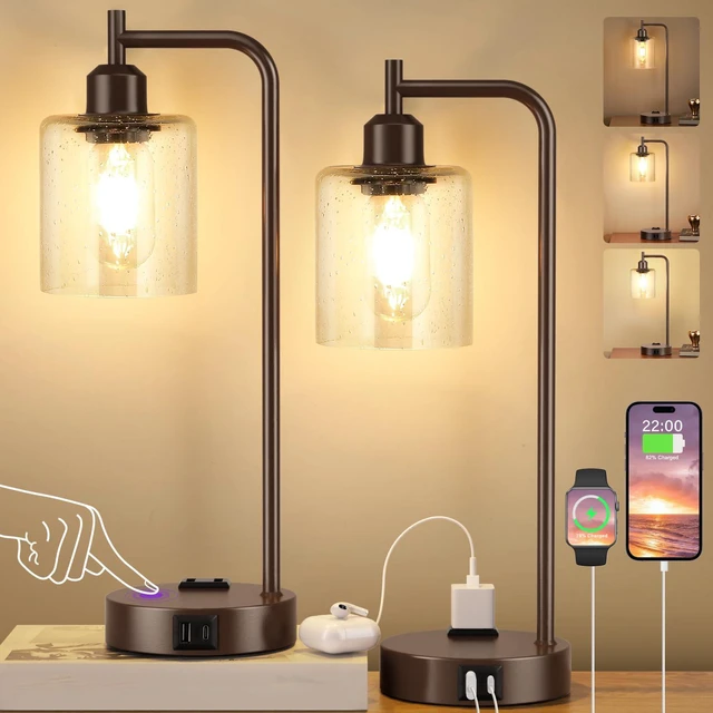 Main image of Industrial Touch Table Lamps - 3-Way Dimmable Desk Lamps Set of 2 with USB C+A Ports and Outlet, Brown Bedside Lamps with Clear Glass Shade for Living & Bedrooms