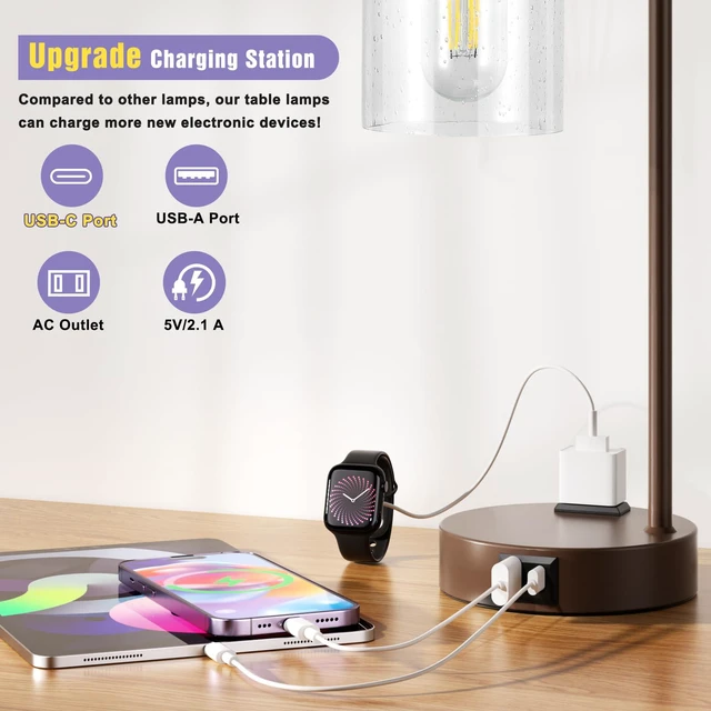 Alt view image 2 of 7 - Industrial Touch Table Lamps - 3-Way Dimmable Desk Lamps Set of 2 with USB C+A Ports and Outlet, Brown Bedside Lamps with Clear Glass Shade for Living & Bedrooms